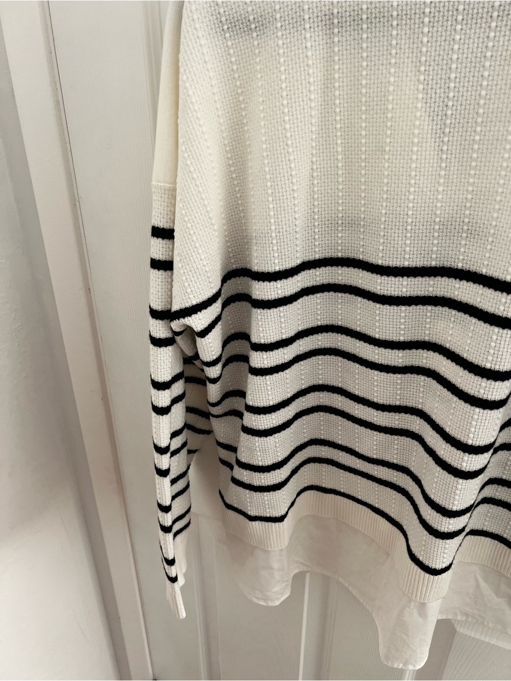 Adrianna Papell White V-Neck Layered Sweater with Black Stripes - Picture 13 of 14
